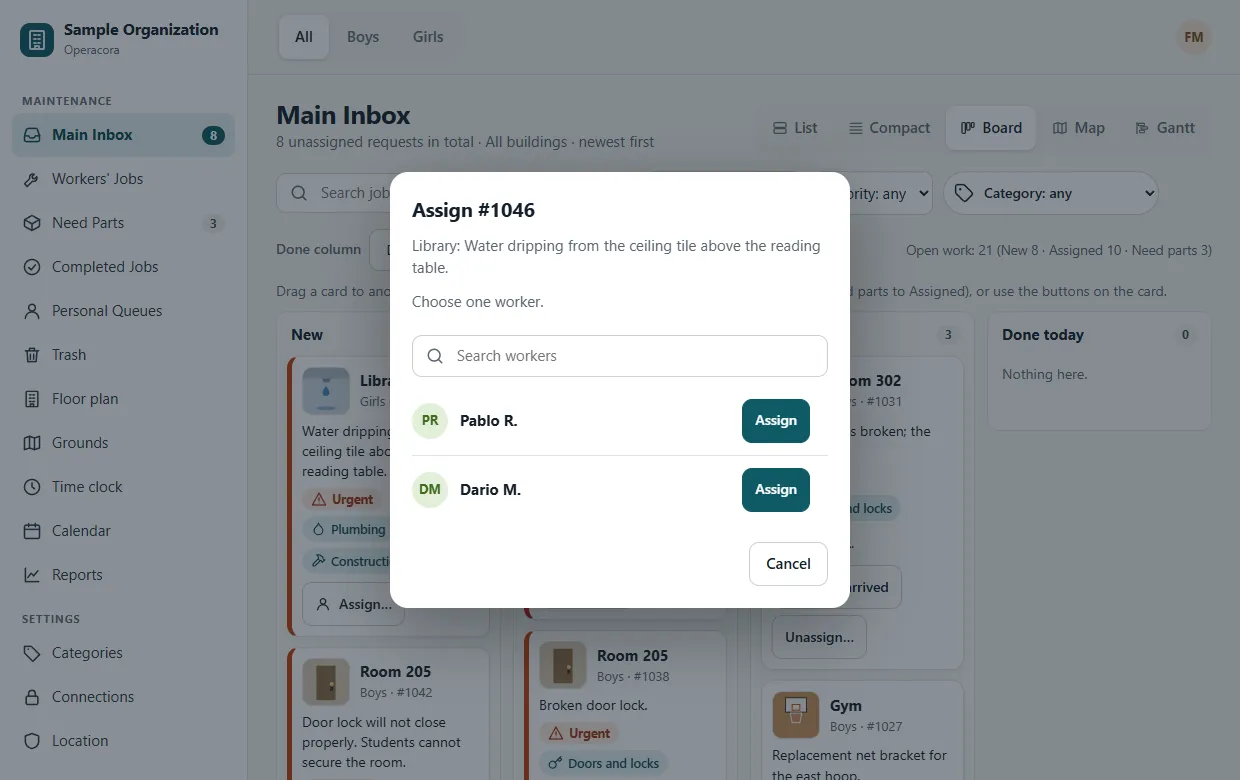 A dialog titled Assign to, listing workers with an Assign button for each, opened from a card on the Board.