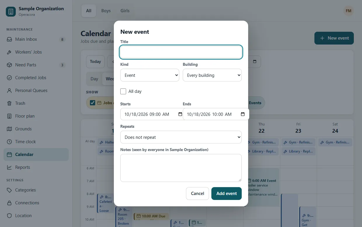 The New event dialog with fields Title, Kind, When, All day, Repeats and Notes, and Save and Cancel buttons.