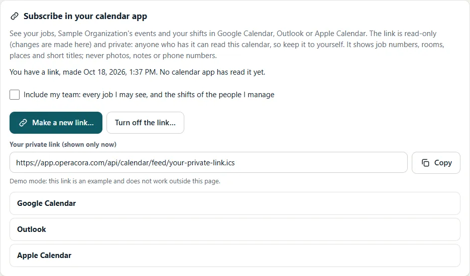 The Subscribe in your calendar app panel: an explanation, an Include my team checkbox, buttons Make a new link and Turn off the link, a private link with a Copy button, and expandable instructions for Google Calendar, Outlook and Apple Calendar.