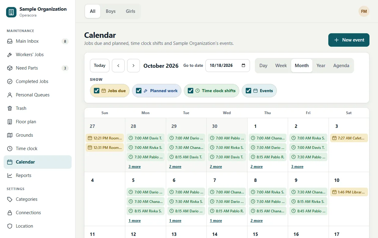 The Calendar in Month view: a month grid with small labelled entries on many days and 'more' links.