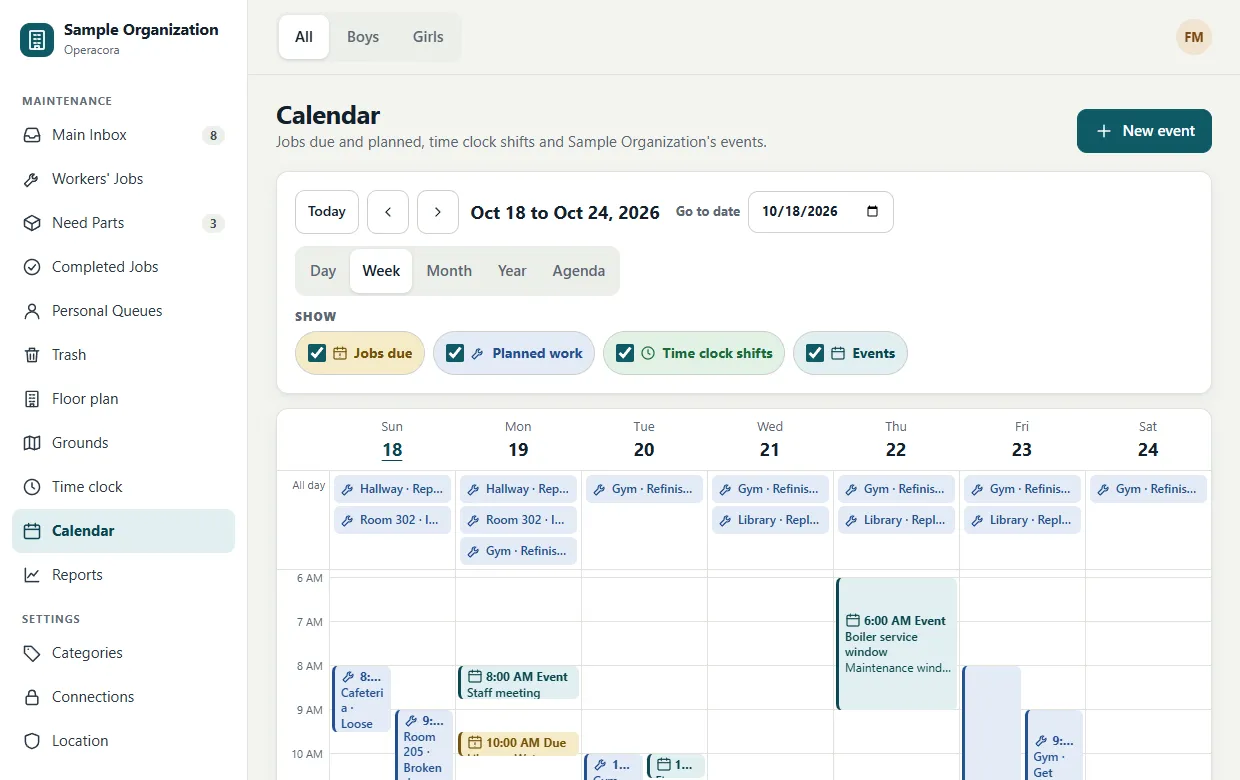 The Calendar in Week view: days across the top, hours down the side, coloured blocks for planned jobs, events and shifts, with layer switches Jobs due, Planned work, Time clock shifts and Events.