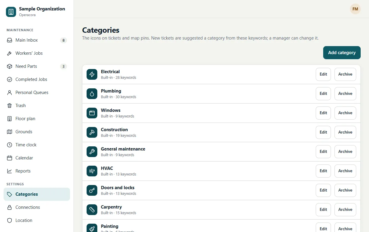 The Categories page: a list of categories with icons and colours, labelled Built-in or Added by your organization, an Add category button, and a search box for icons.