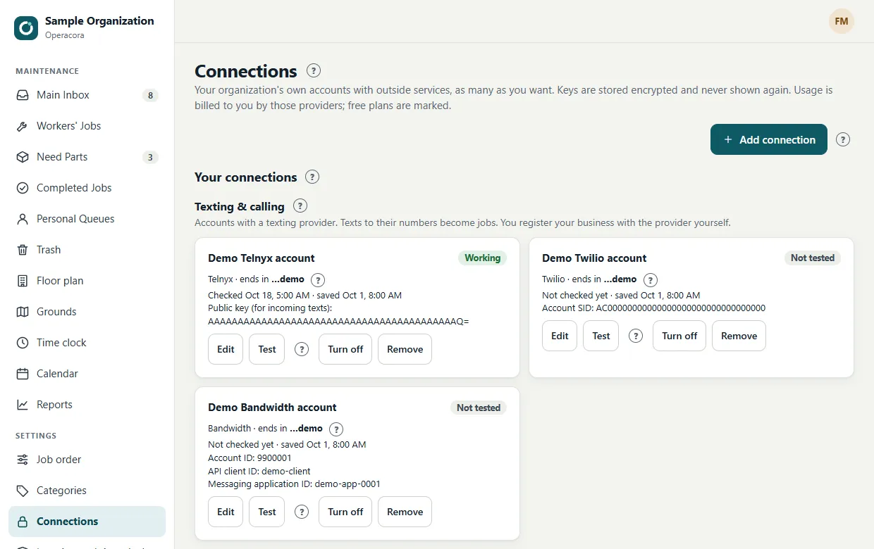 The Connections page: groups AI, Voice and others, with a card per provider such as OpenRouter, Claude (Anthropic) and OpenAI, each with a Not set up badge, a Free plan note where there is one, Set up and Get a key.