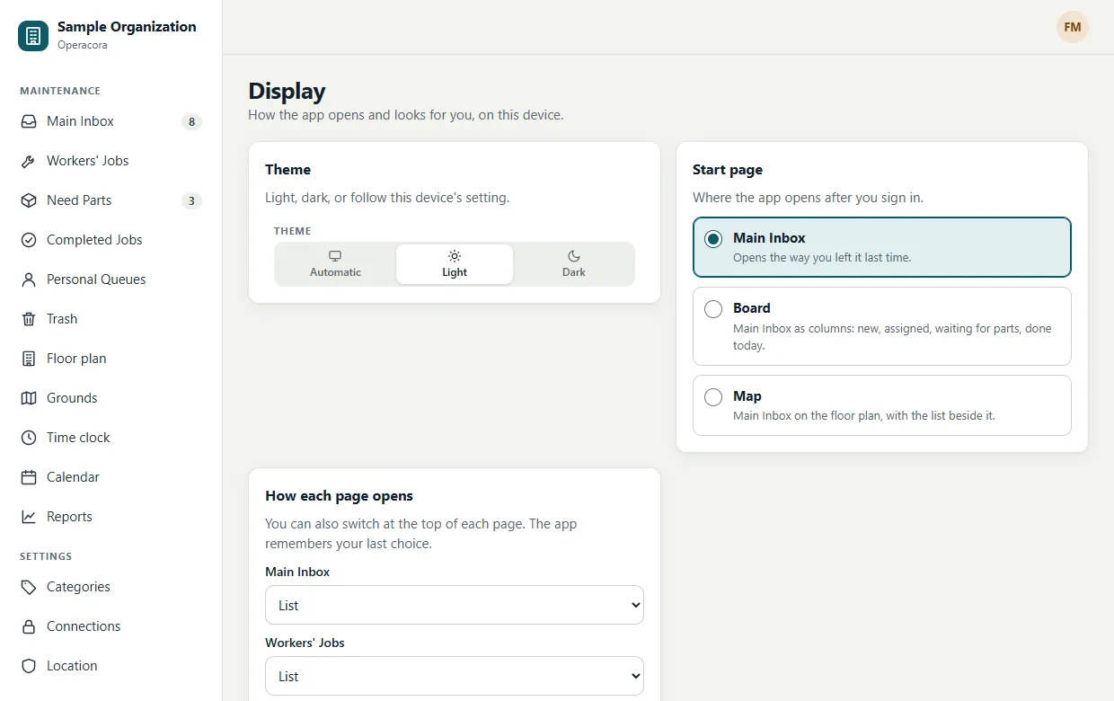 The Display page: Theme with Light, Dark and Automatic choices, Start page with Main Inbox, Board and Map, and How each page opens with a menu for Main Inbox, Workers' Jobs, Need Parts and Completed Jobs.
