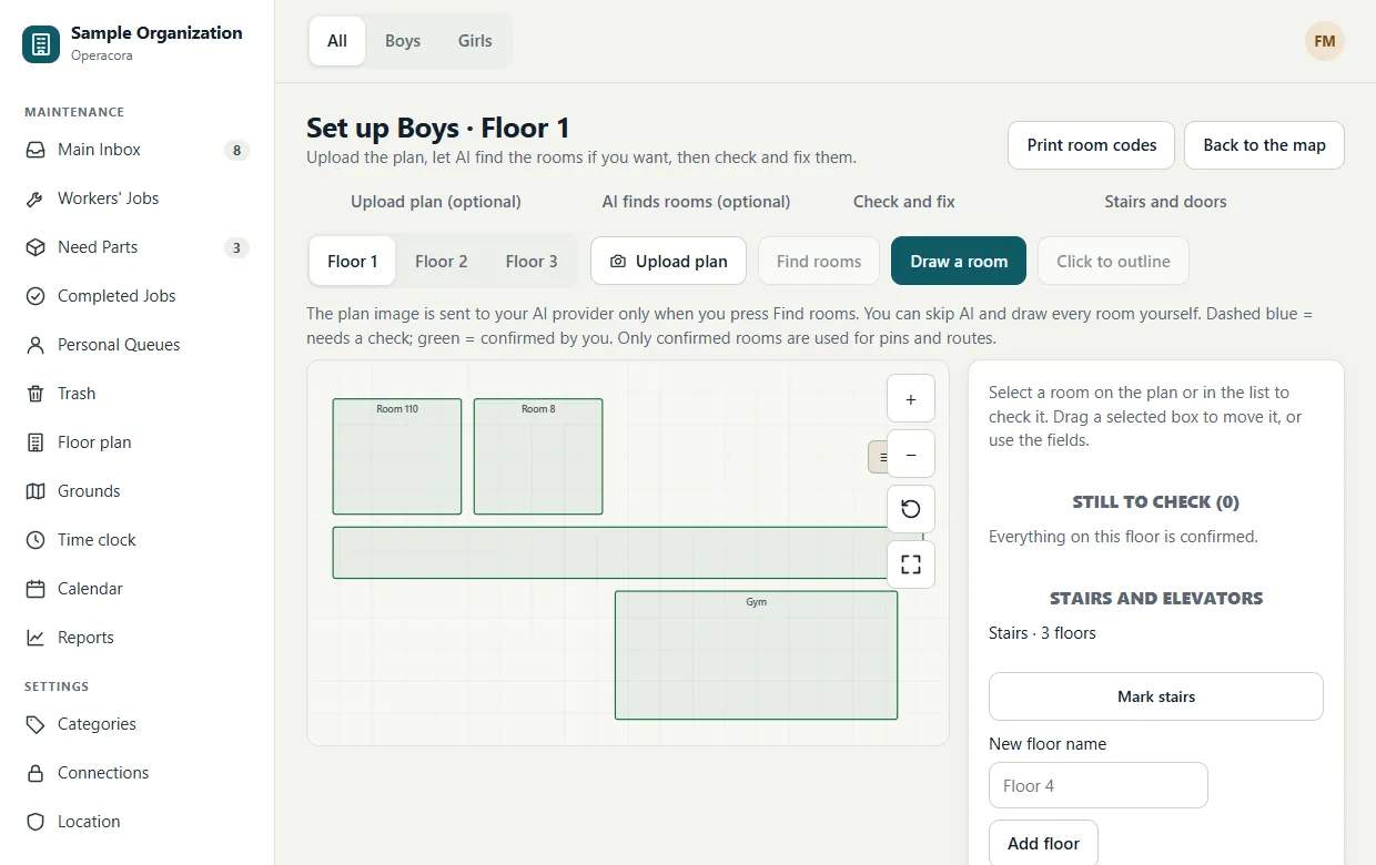 The floor setup page: step headings, floor tabs, buttons Upload plan, Find rooms, Draw a room and Click to outline, a plan with room boxes outlined in green, and a side panel with Still to check, Stairs and elevators, Mark stairs and Add floor.