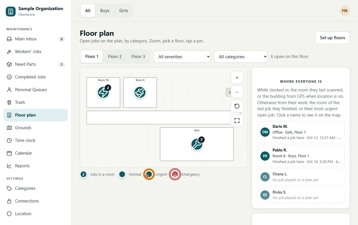 The Floor plan page: floor tabs Floor 1, 2 and 3, severity and category filters, a plan with rooms Room 110, Room 8 and Gym holding round pins with category icons and counts, a legend, and panels Where everyone is and Suggested route.