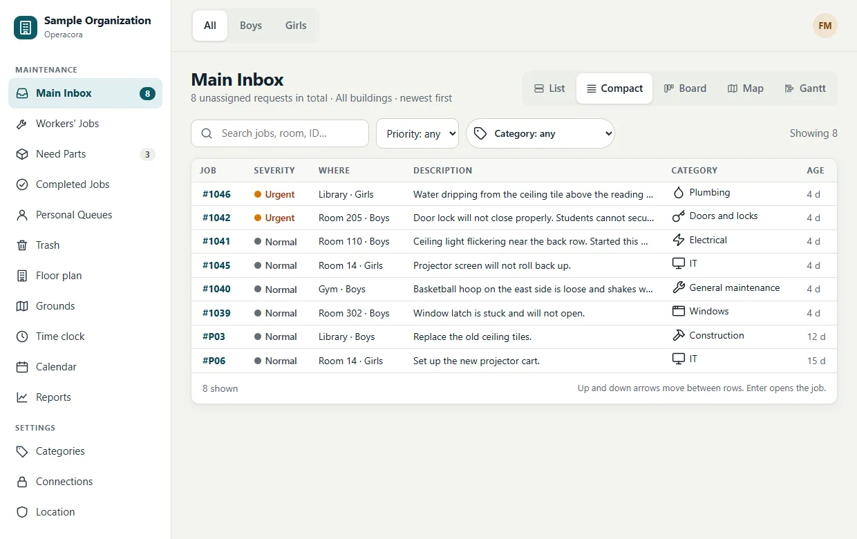 The Main Inbox in Compact view: a table-like list with one row per job showing number, severity, room and building, description, category, worker and age.