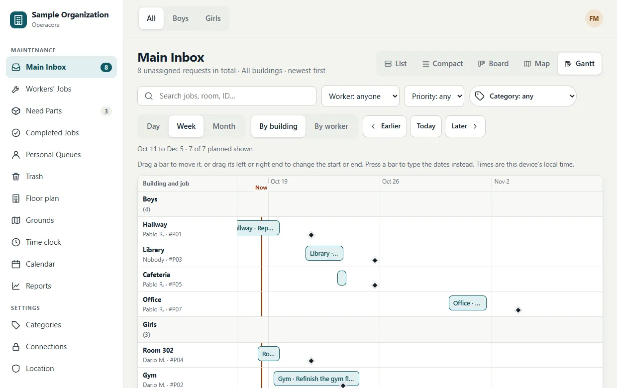The Gantt view: rows grouped by building with horizontal bars for planned jobs across days, a line for now, and zoom buttons Day, Week and Month.