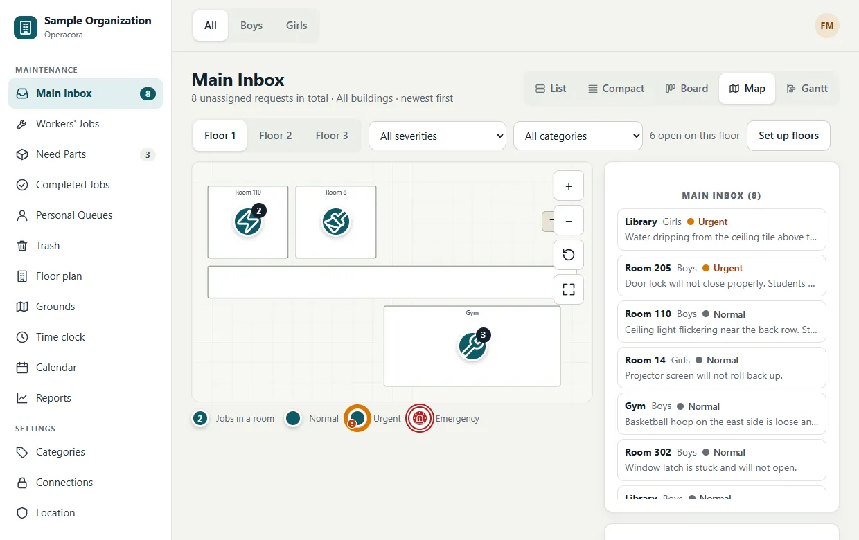 The Map view: a floor plan with job pins in rooms, next to a list of the jobs on that page.