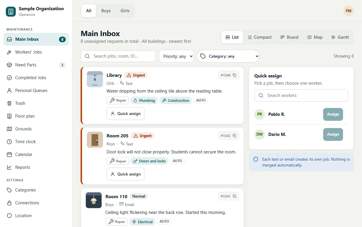 The Main Inbox in the web app: a list of new jobs, each with a room, a building, a priority badge, a short description, category tags and a Quick assign button. A Quick assign panel on the right lists workers.
