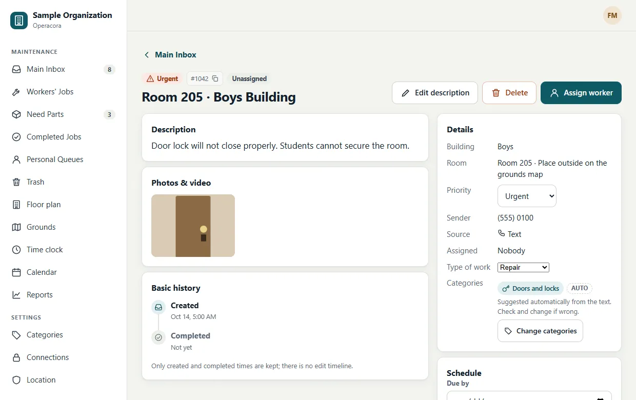 A job page for Room 205 in the Boys building: Urgent badge, job number #1042, the description 'Door lock will not close properly', a photo of a door, a details panel with priority, sender, source, type of work and categories, and buttons Edit description, Delete and Assign worker.