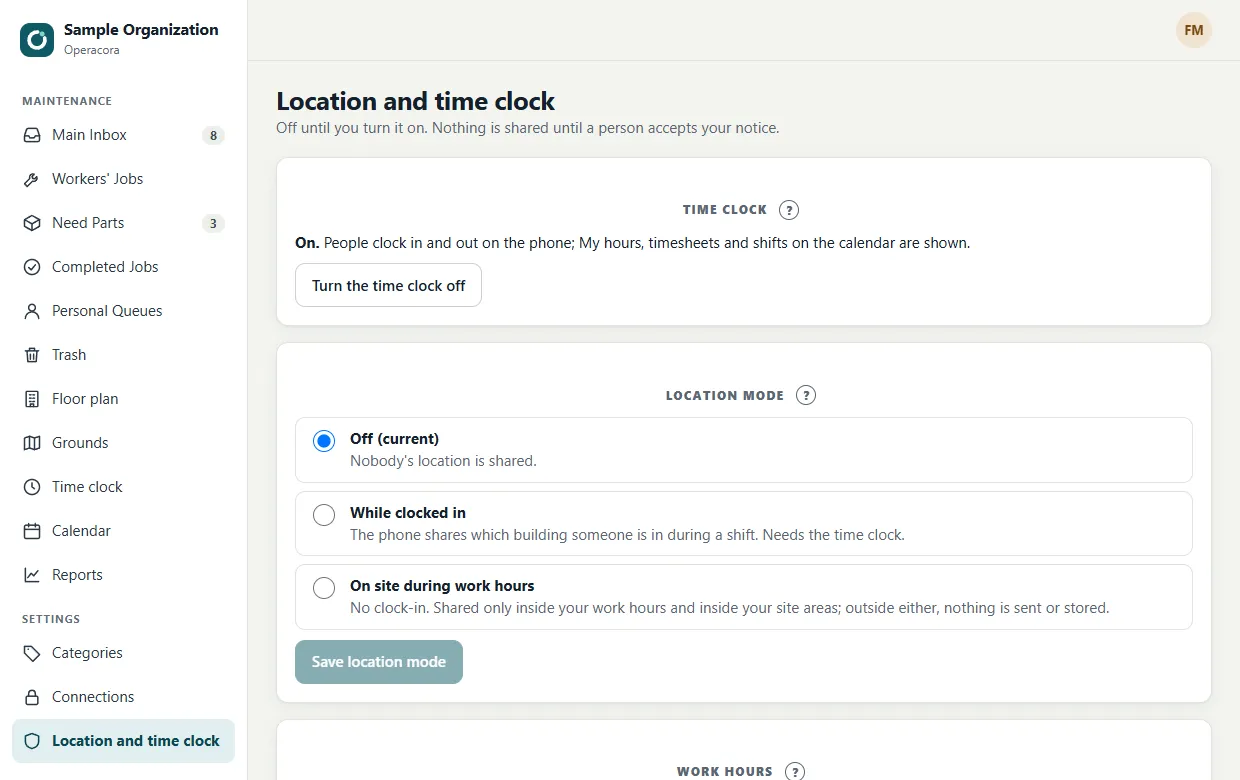 The Location and time clock settings page: the time clock switch, the location mode with Off, While clocked in and On site during work hours, the work hours for each weekday, site areas, time zone, job photos, the notice people accept, who has agreed, how long records are kept, and building areas.