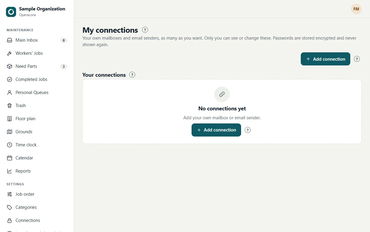 The My connections page: cards for Email server (SMTP) and Orders mailbox (IMAP), each with Set up and Get a key, and a note that only you can see or change these.