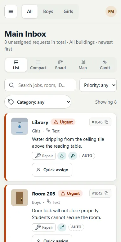 The Main Inbox in the web app at phone width: view buttons List, Compact, Board, Map and Gantt, a search box, and job cards for Library and Room 205 with Urgent badges.