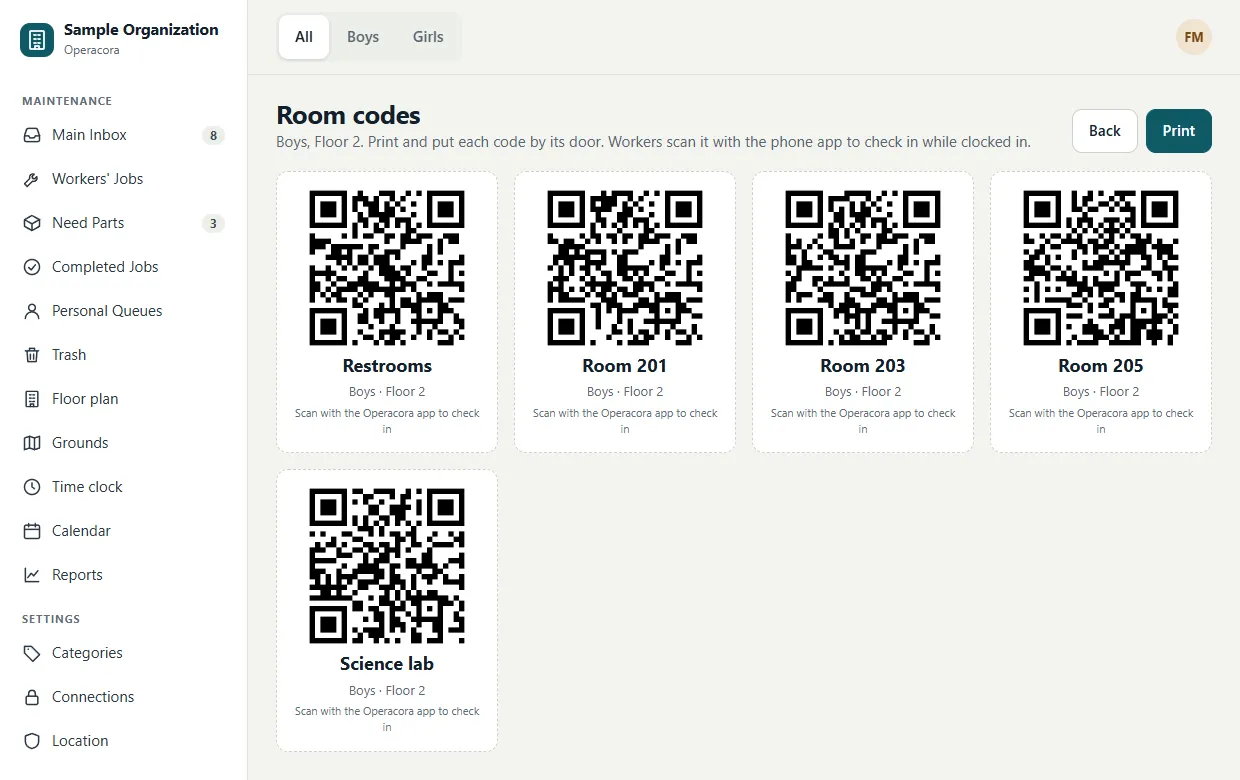 The Room codes page: a grid of printable QR code labels, one per room, each with the room name.