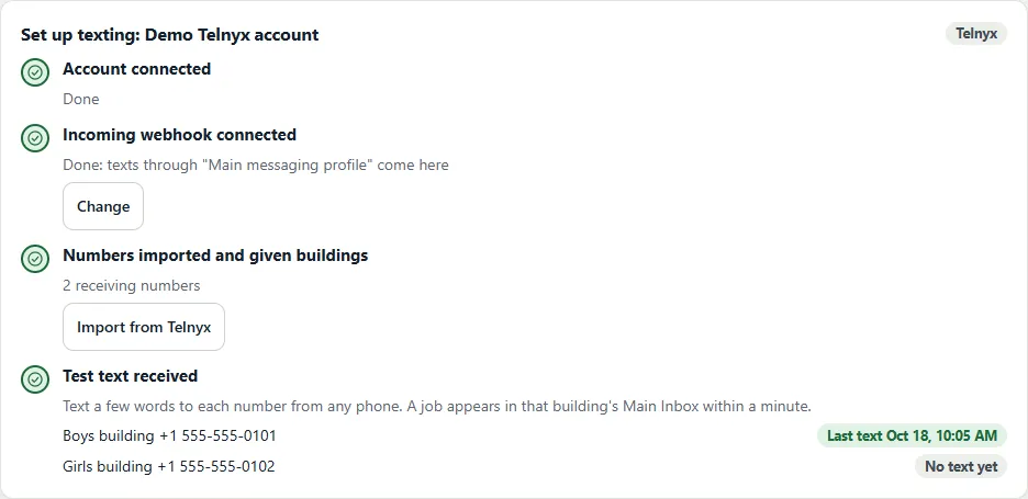 The Set up texting checklist for a Telnyx account, with a Telnyx label: Account connected, Done; Incoming webhook connected, Done, with a Change button; Numbers imported and given buildings, 2 receiving numbers, with Import from Telnyx; Test text received, with the last text time for each number.
