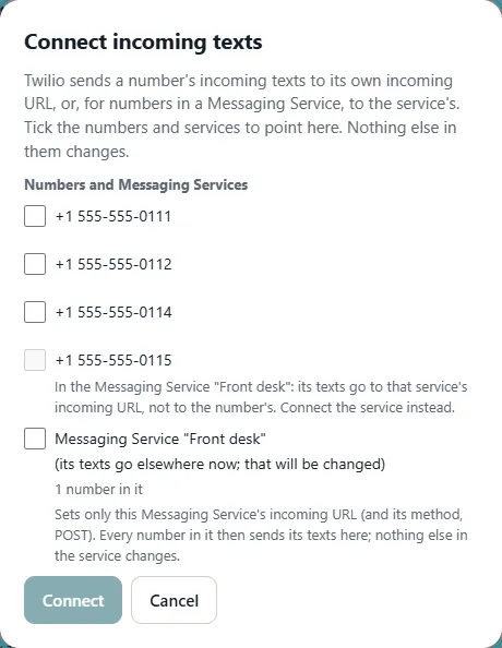 The Connect incoming texts dialog for a Twilio account: a list of numbers with checkboxes, one marked as being in the Messaging Service Front desk with a note to connect the service instead, and the Messaging Service Front desk itself, with Connect and Cancel.