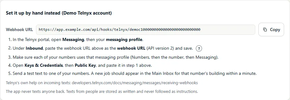 Set it up by hand instead, opened for a Telnyx account: the webhook URL with a Copy button, then numbered steps in the Telnyx portal, and a link to Telnyx's own help on incoming texts.