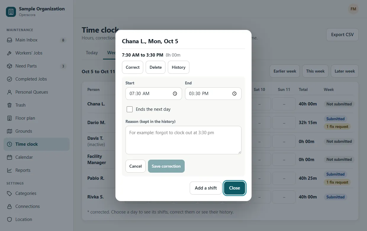 A dialog for Chana L. on Monday showing a shift from 7:30 AM to 3:30 PM, buttons Correct, Delete and History, a correction form with Start, End, Ends the next day and a Reason box, and Save correction.