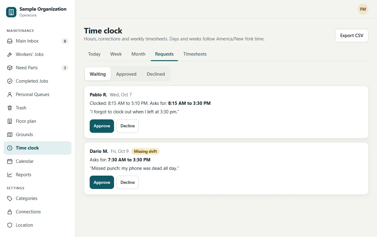 The Requests tab: fix requests from workers with the current and proposed times, the worker's reason, and Approve and Decline buttons.