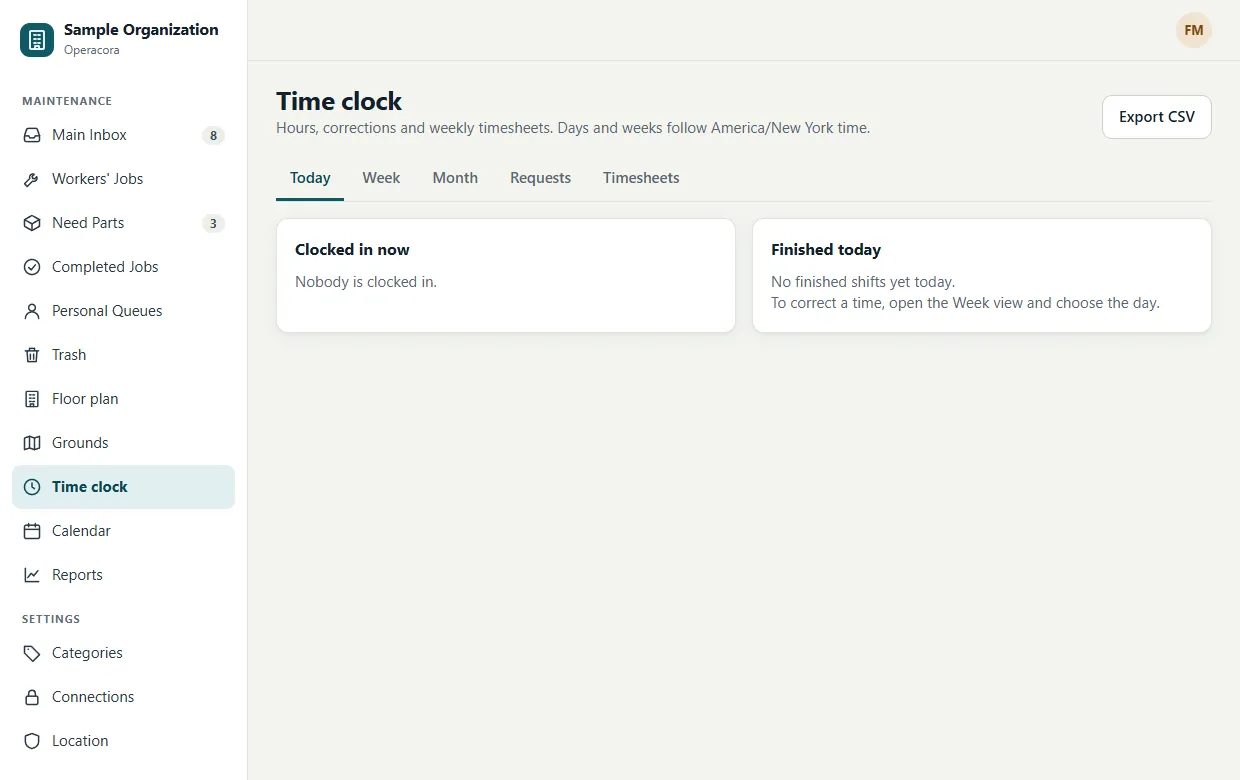 The Time clock page on the Today tab: lists Clocked in now and Finished today with names and times.